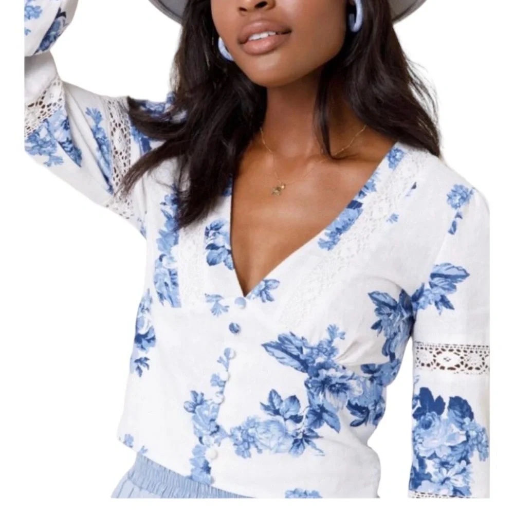 Francesca’s Blue Rain Long Sleeve Blue Floral Babydoll V-Neck Top Sz S - Picture 3 of 8